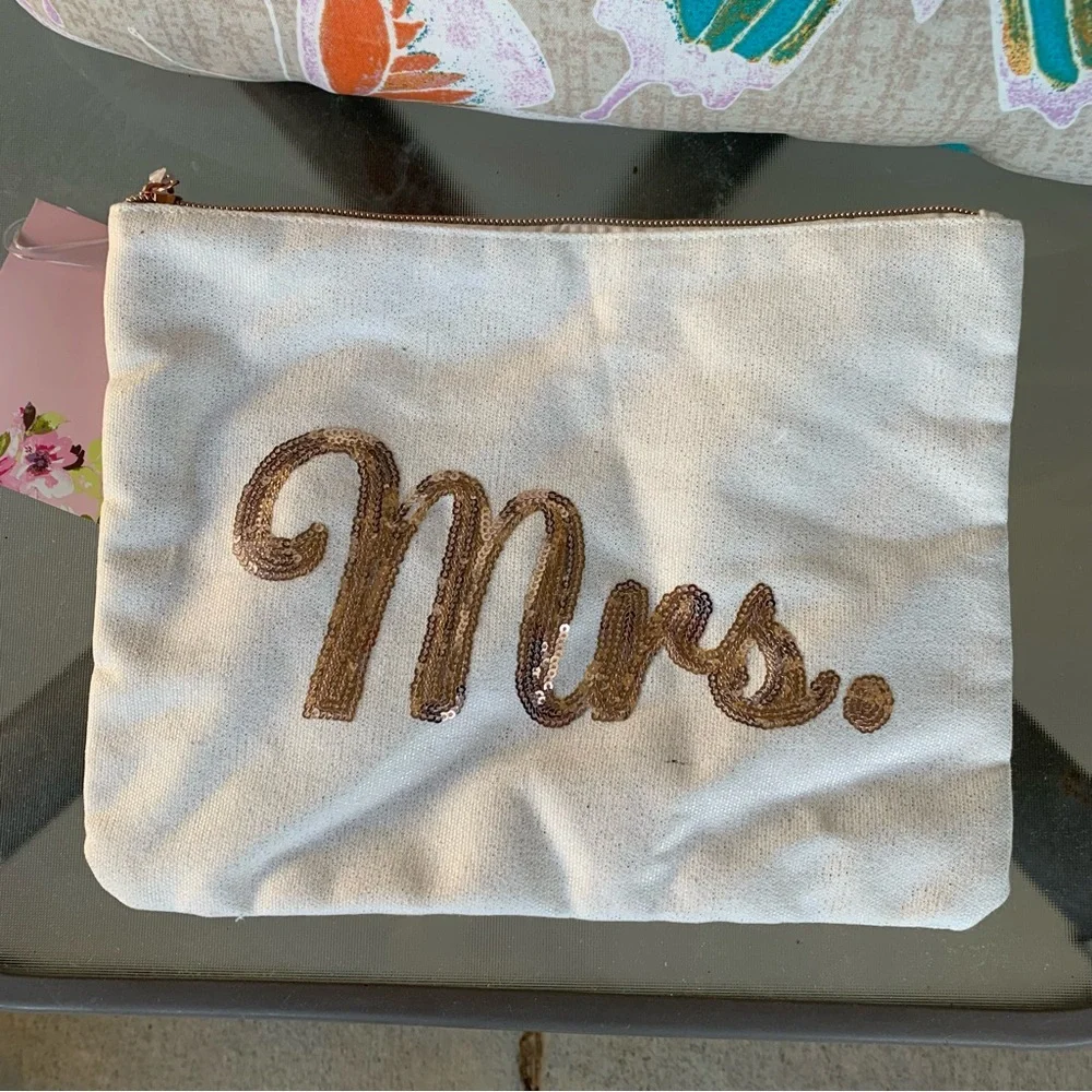 Mrs. Rose Gold Beaded Makeup Bag
